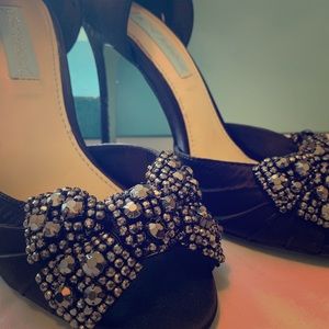 Betsey Johnson black satin jeweled open toe heel